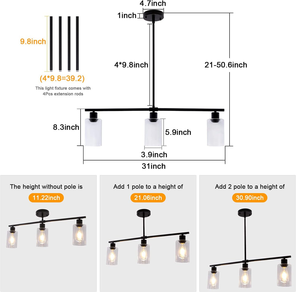 Farmhouse Black Chandelier — 3-Light - View 3