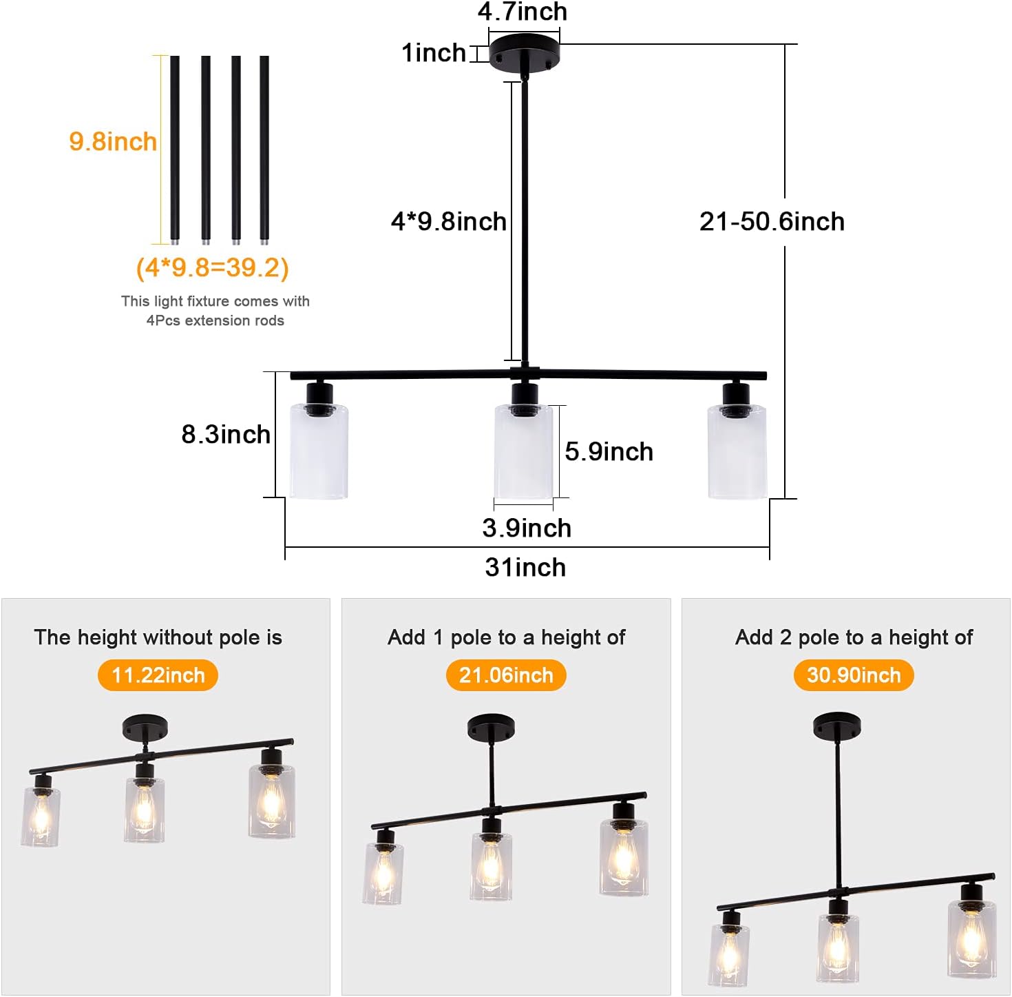 Farmhouse Black Chandelier — 3-Light - View 3