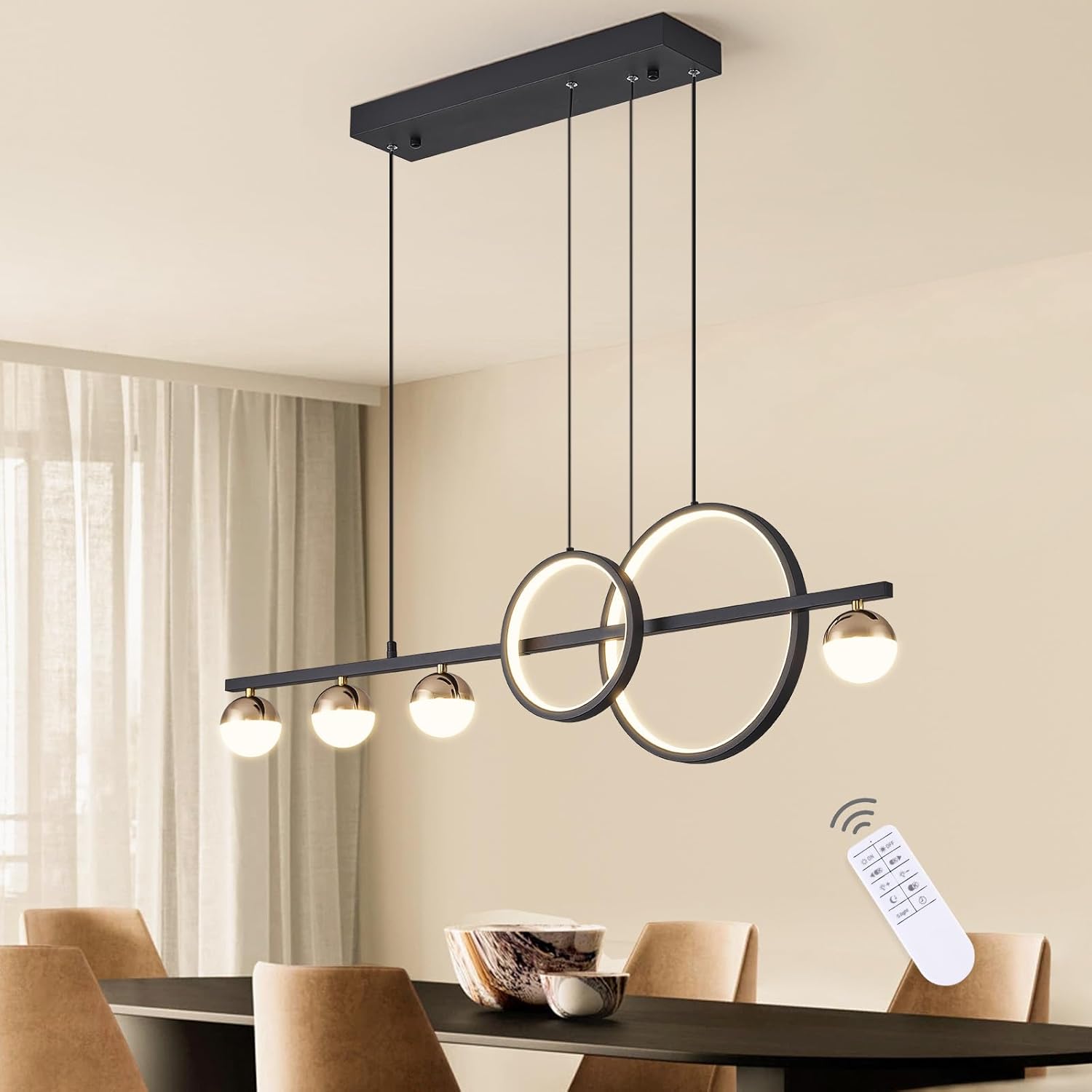 Dimmable Luxe Black Chandelier — 2-Ring+Bulbs