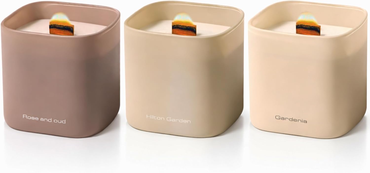 Scented Luxe Wood Soy Candle — Set of 3 — Gardenia, Hilton Garden, and Rose & Oud