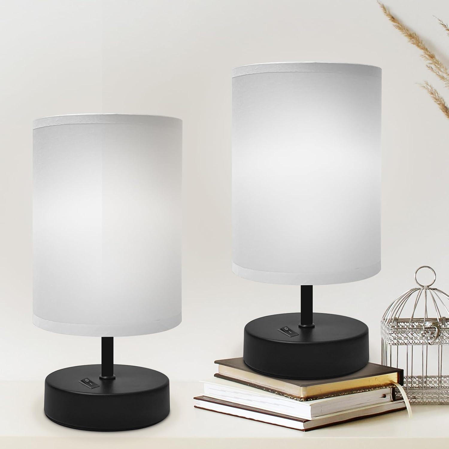 Round Modern Grey Bedside Lamp — 8" — 2 Pack