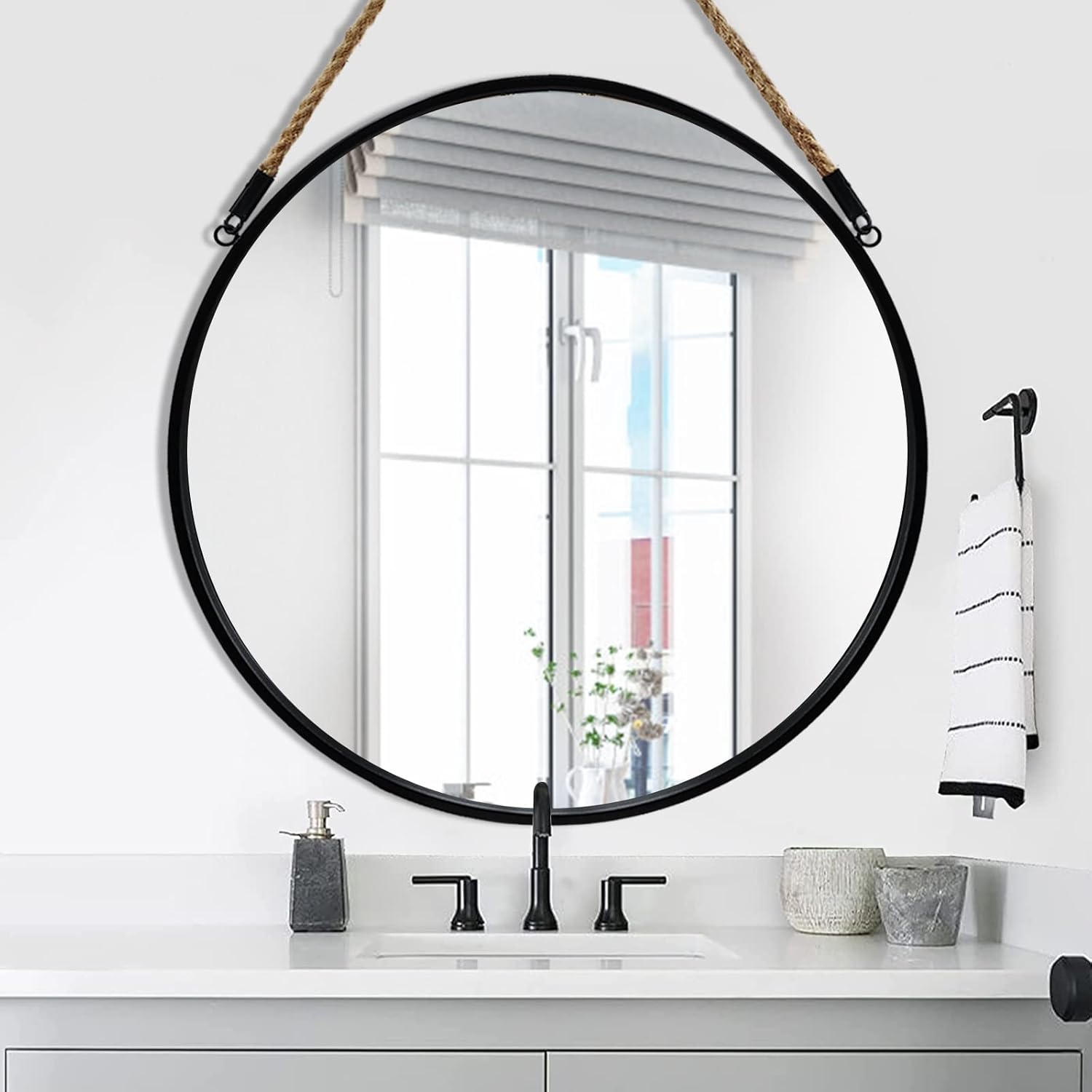 Round Farmhouse Beige Wall Mirror — 15" — Black