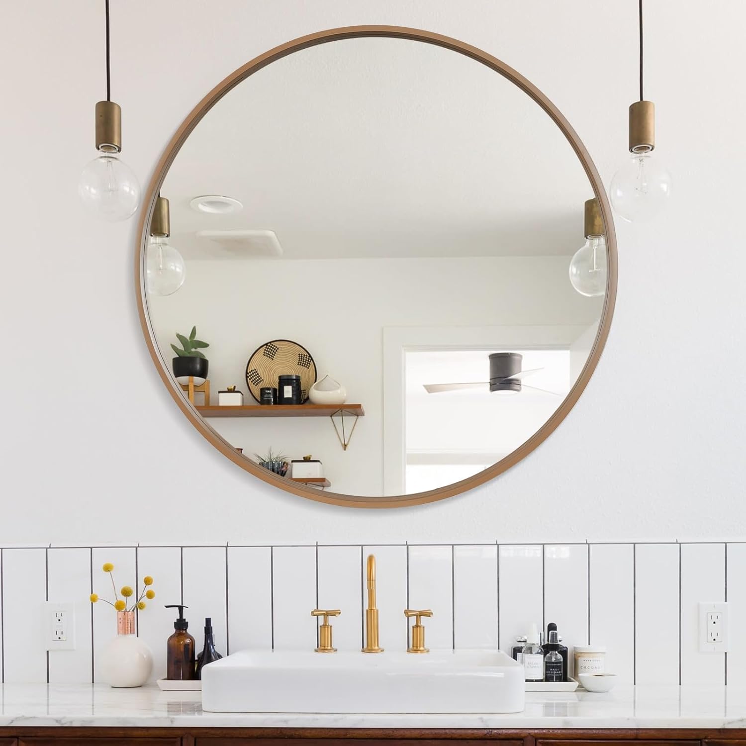 Round Beige Wall Mirror — 24" — Honey