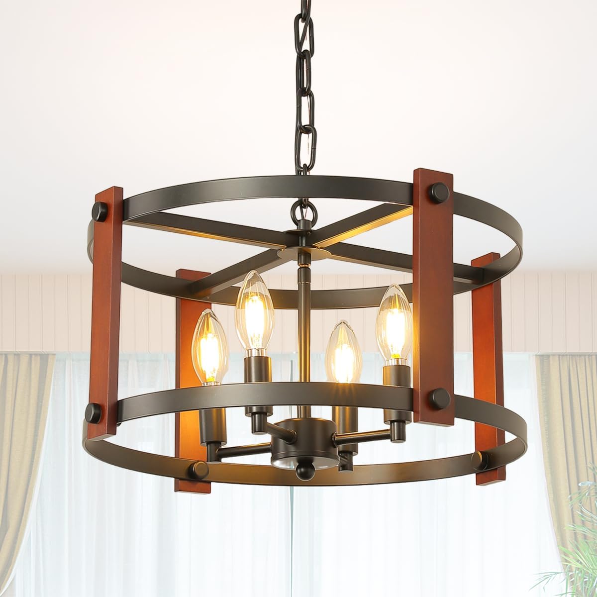 Vintage Farmhouse Black Chandelier — 4-Light — Walnut-18 IN