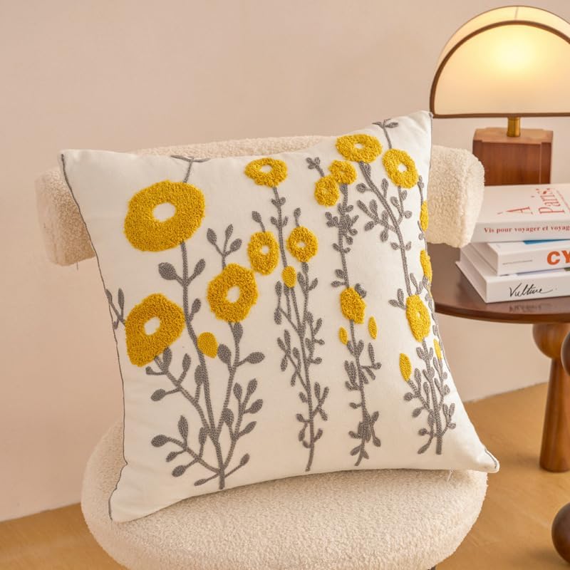 Embroidered Boho Blue Throw Pillow Cover — 18x18 — Embroidery - Flower Branches