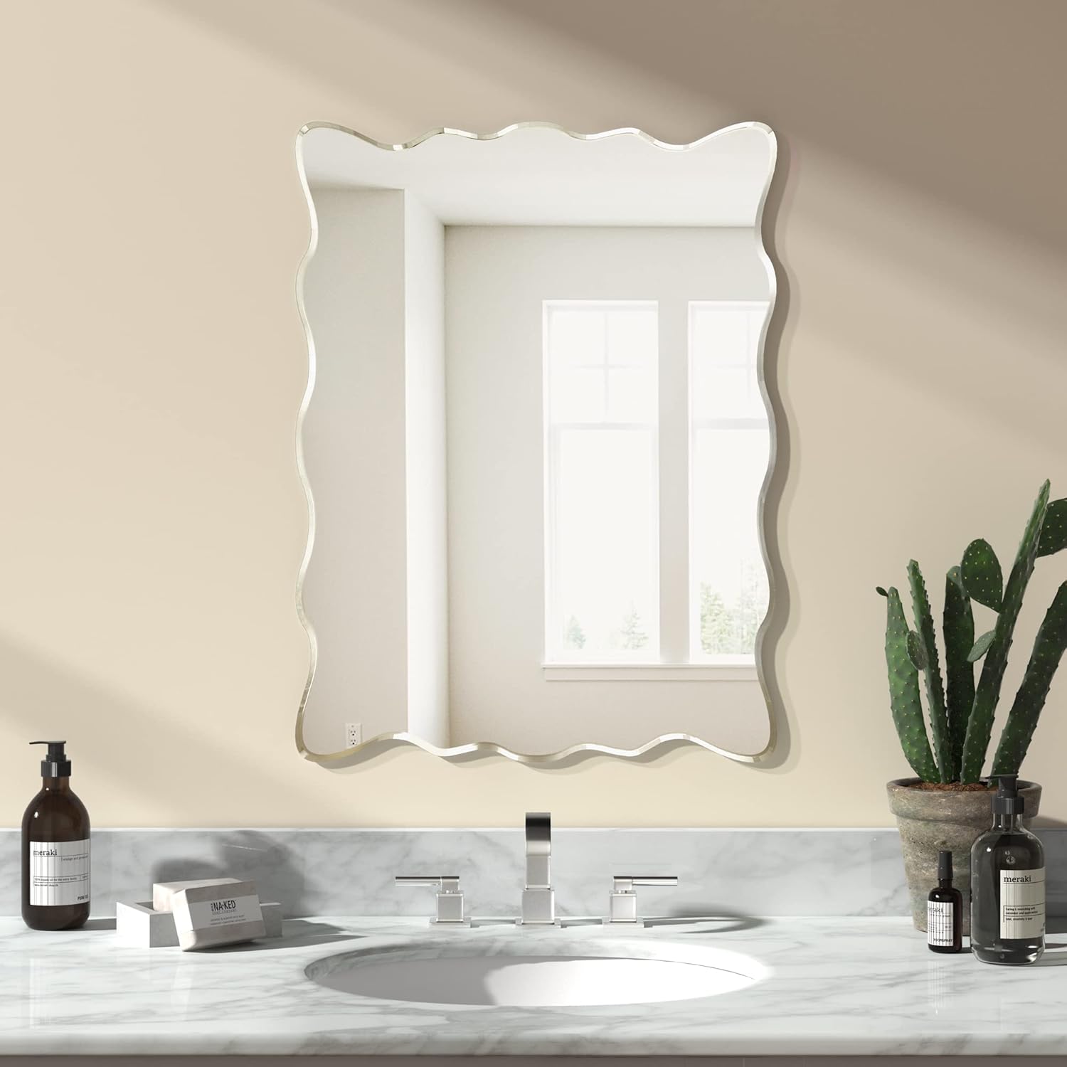 Beveled Beige Wall Mirror — 24" — Wavy