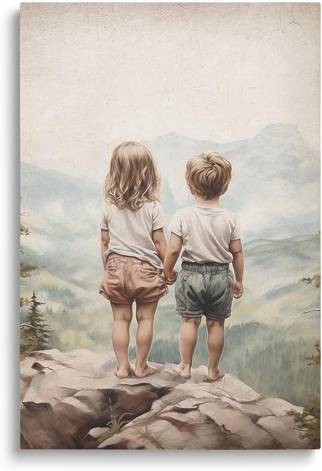 Framed Black Wall Decor — 16" — Green Brother and Sister