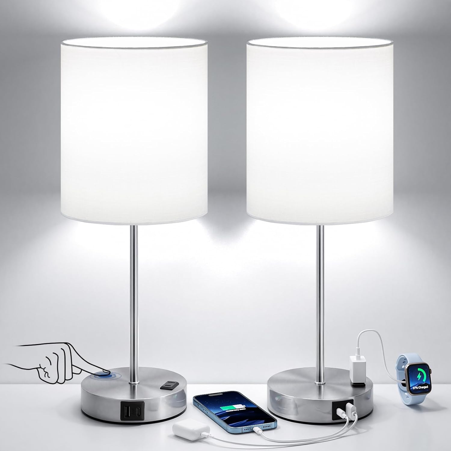 Dimmable Black Table Lamp — Set of 2 — White - Silver