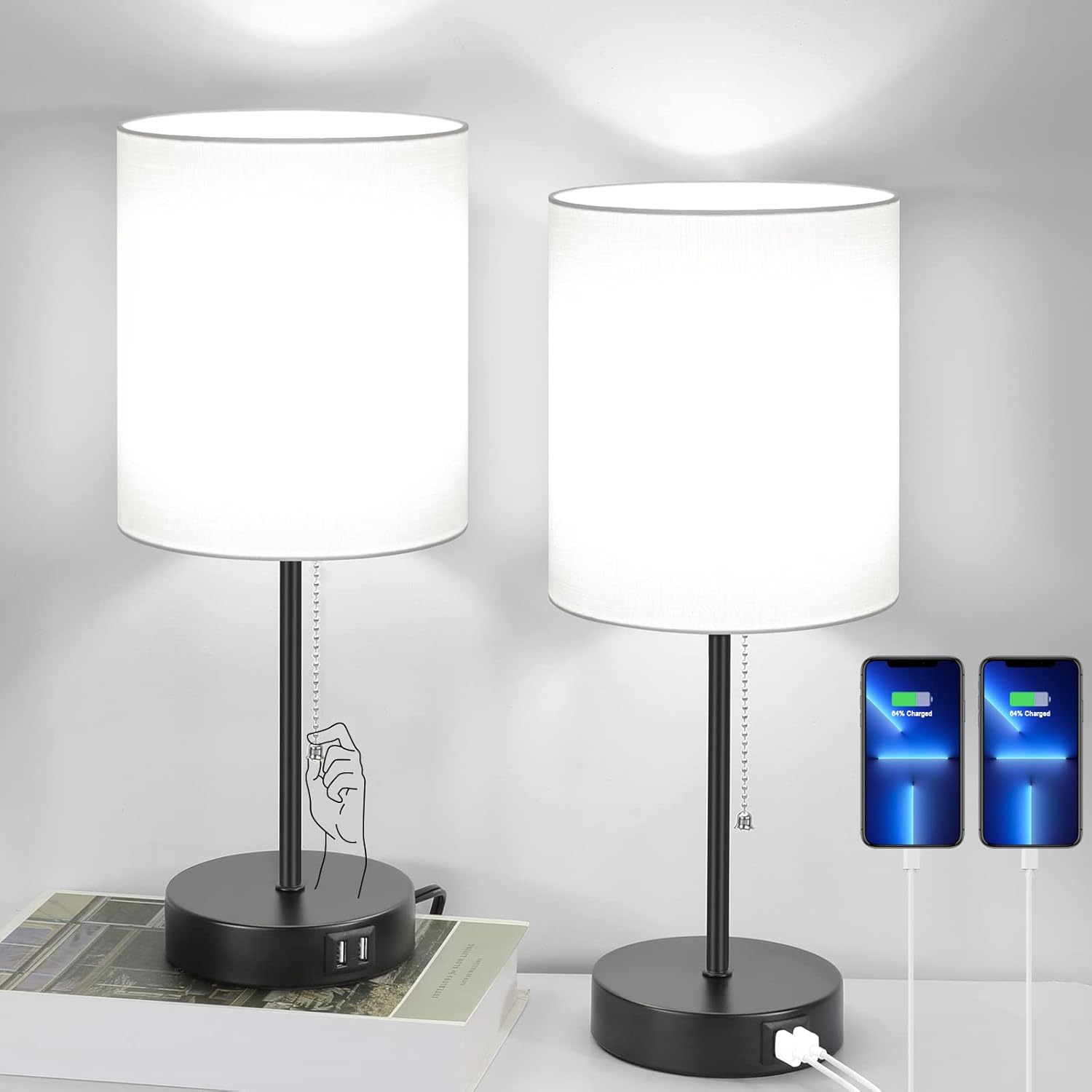 USB Black Desk Lamp — Set of 2 — White(Shade)