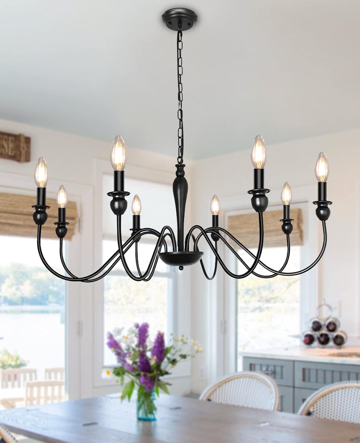 Farmhouse Black Chandelier — 8 Lights-Black-E12