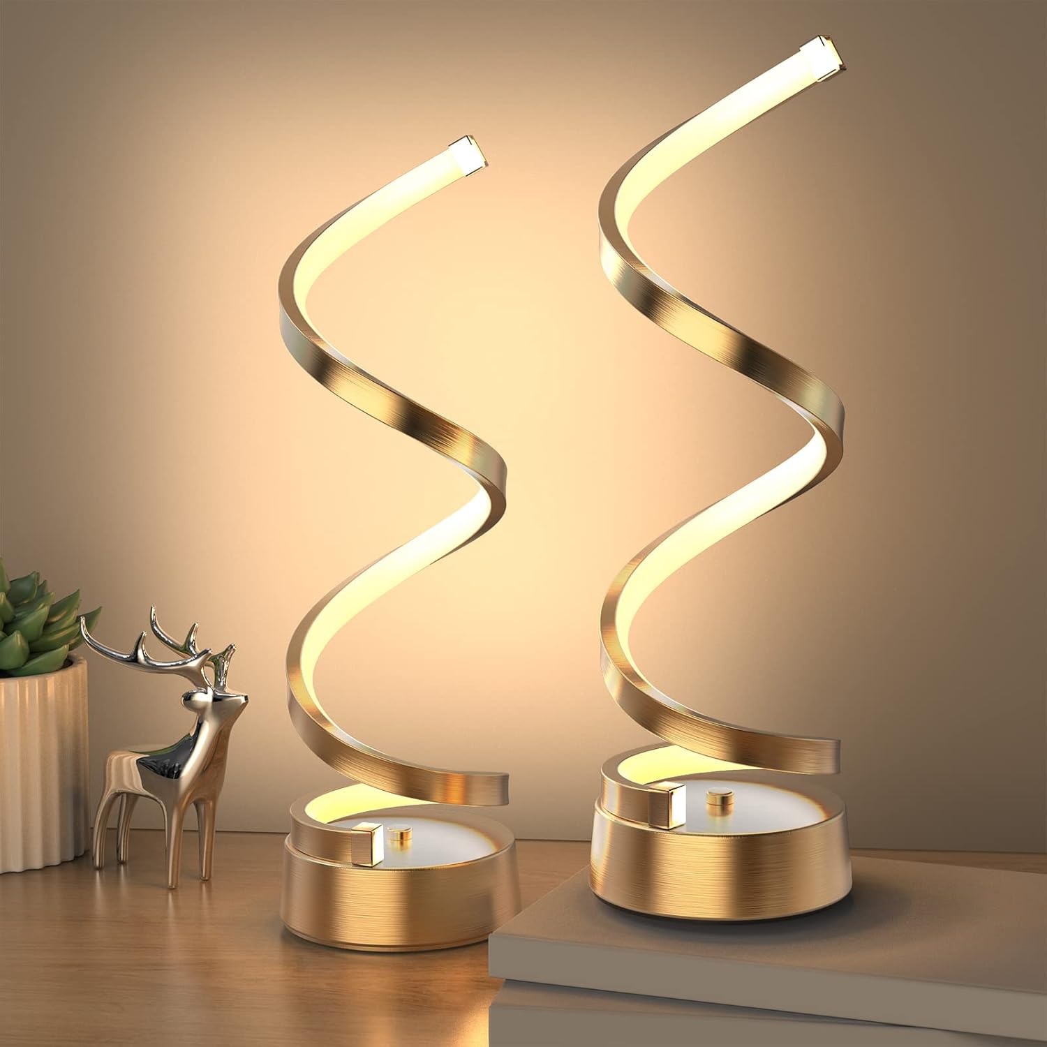 Dimmable Modern Black Bedside Lamp — 8" — Gold 2 Pack