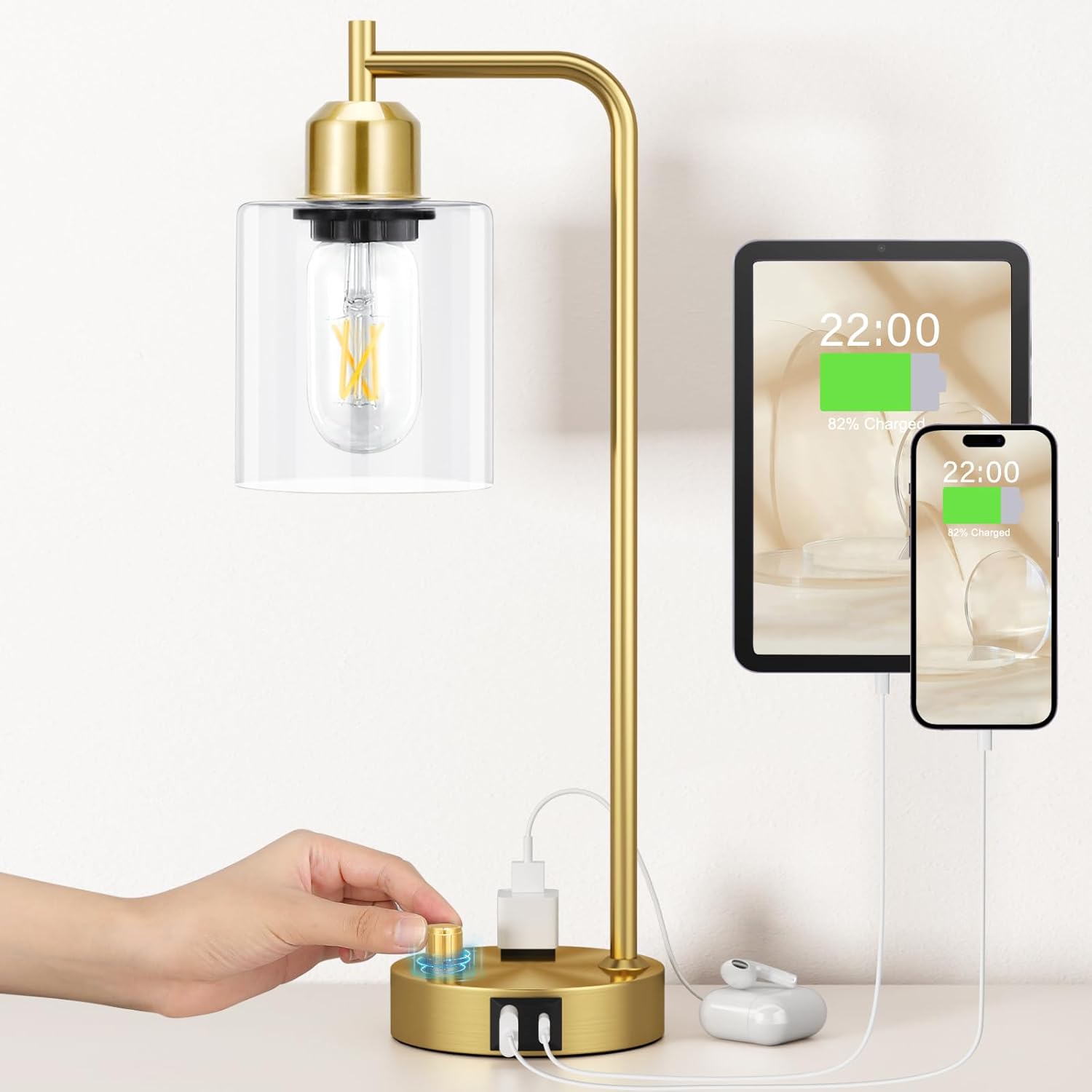 Dimmable Brown Nightstand Lamp — Gold Base&Clear Shade