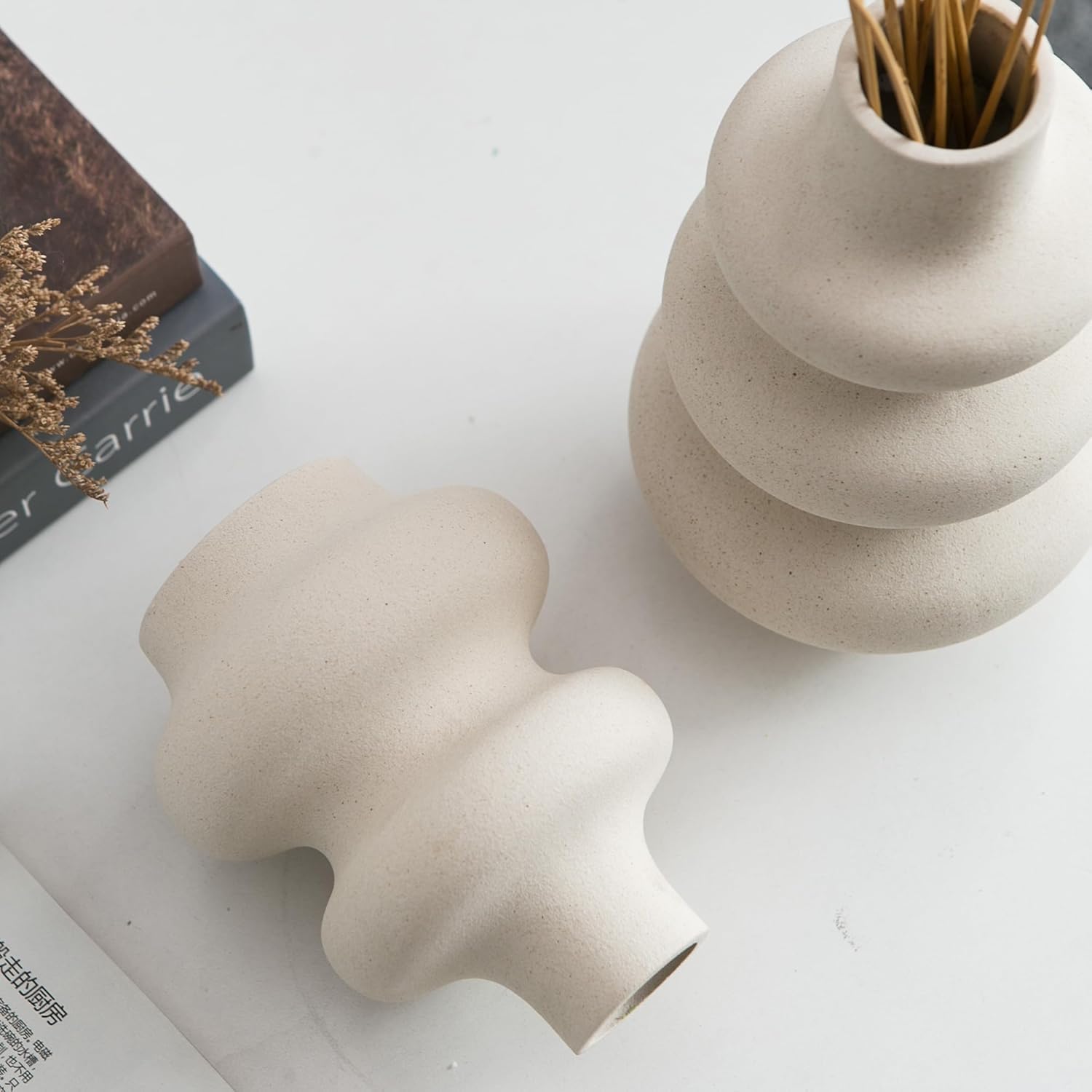 Round Boho Beige Flower Vase — Set of 2 - View 5