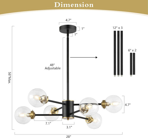 Adjustable Modern Black Chandelier — 6-Light - View 2