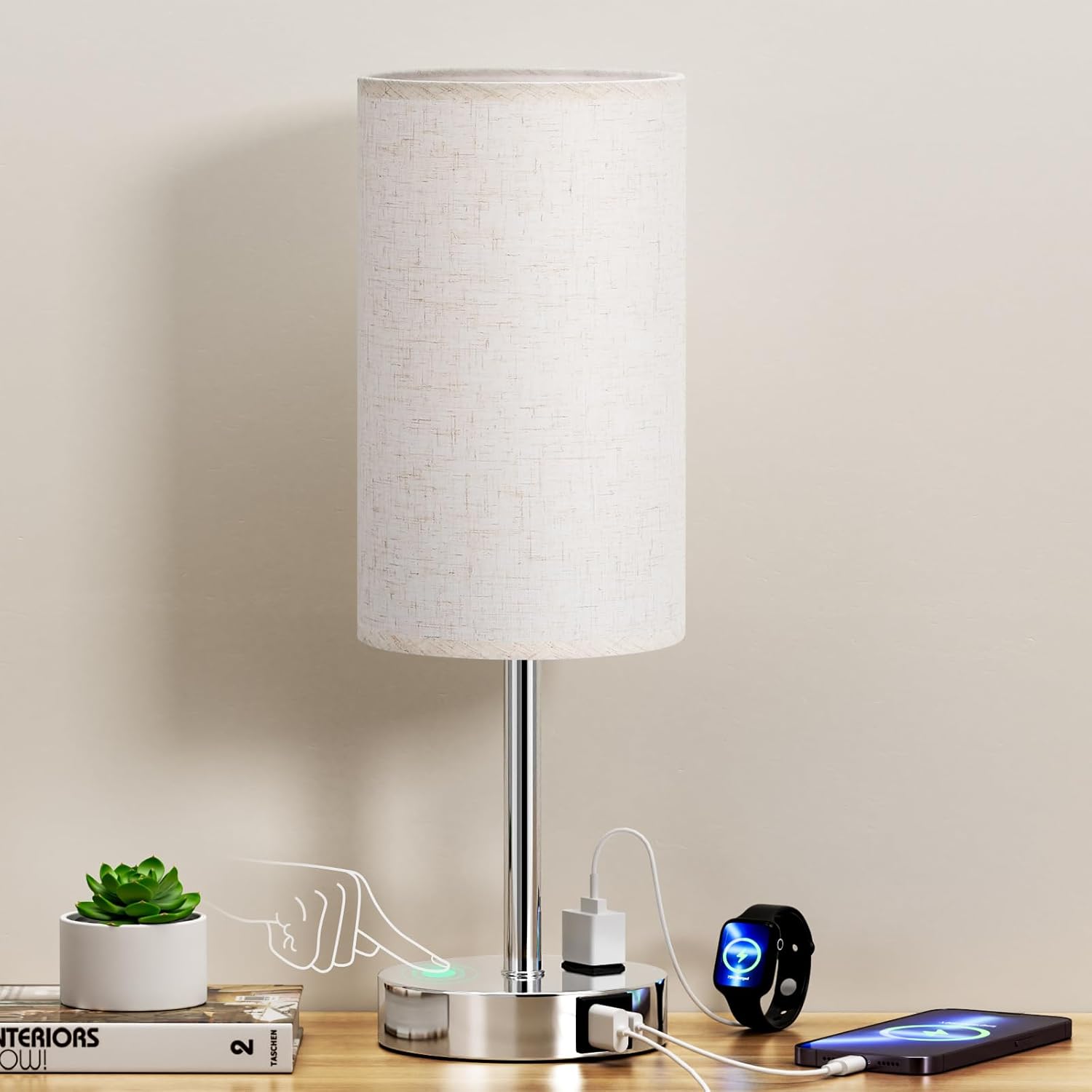 Dimmable Beige Bedside Lamp — 17.4in