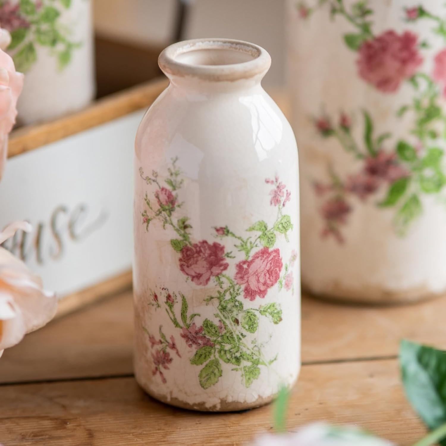 Vintage Farmhouse Green Vase Set — Set of 2 — Pink Flora