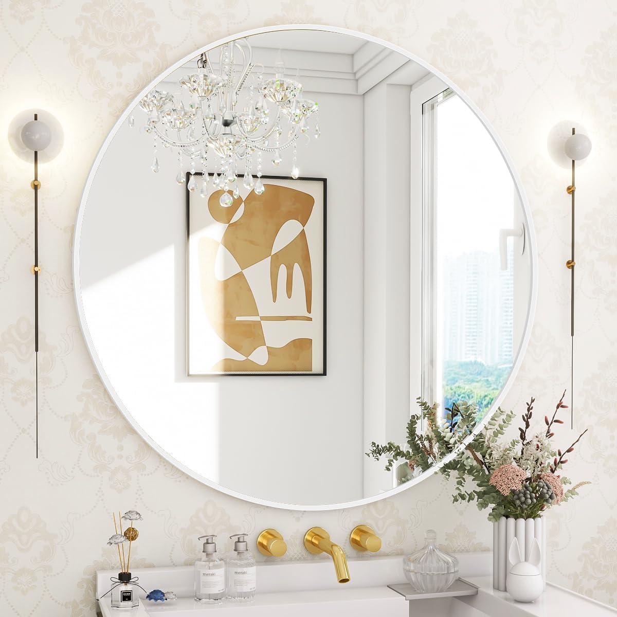 Luxe Black Round Mirror — 24" — White