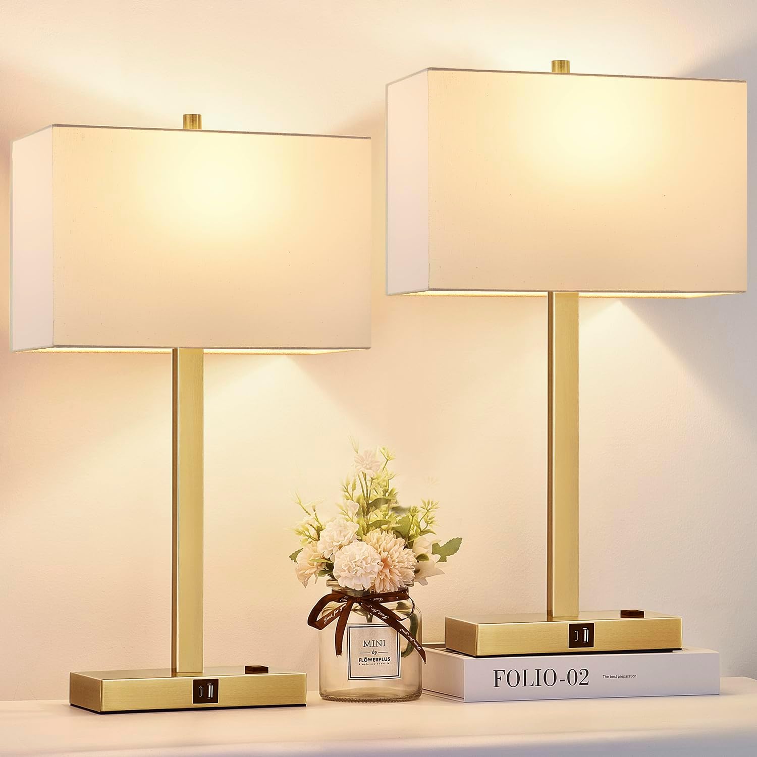 Dimmable Beige LED Bulb — 21" — (2 Pack)White Cream Linen & Brushed Gold (Base)-2700K Bulbs Included