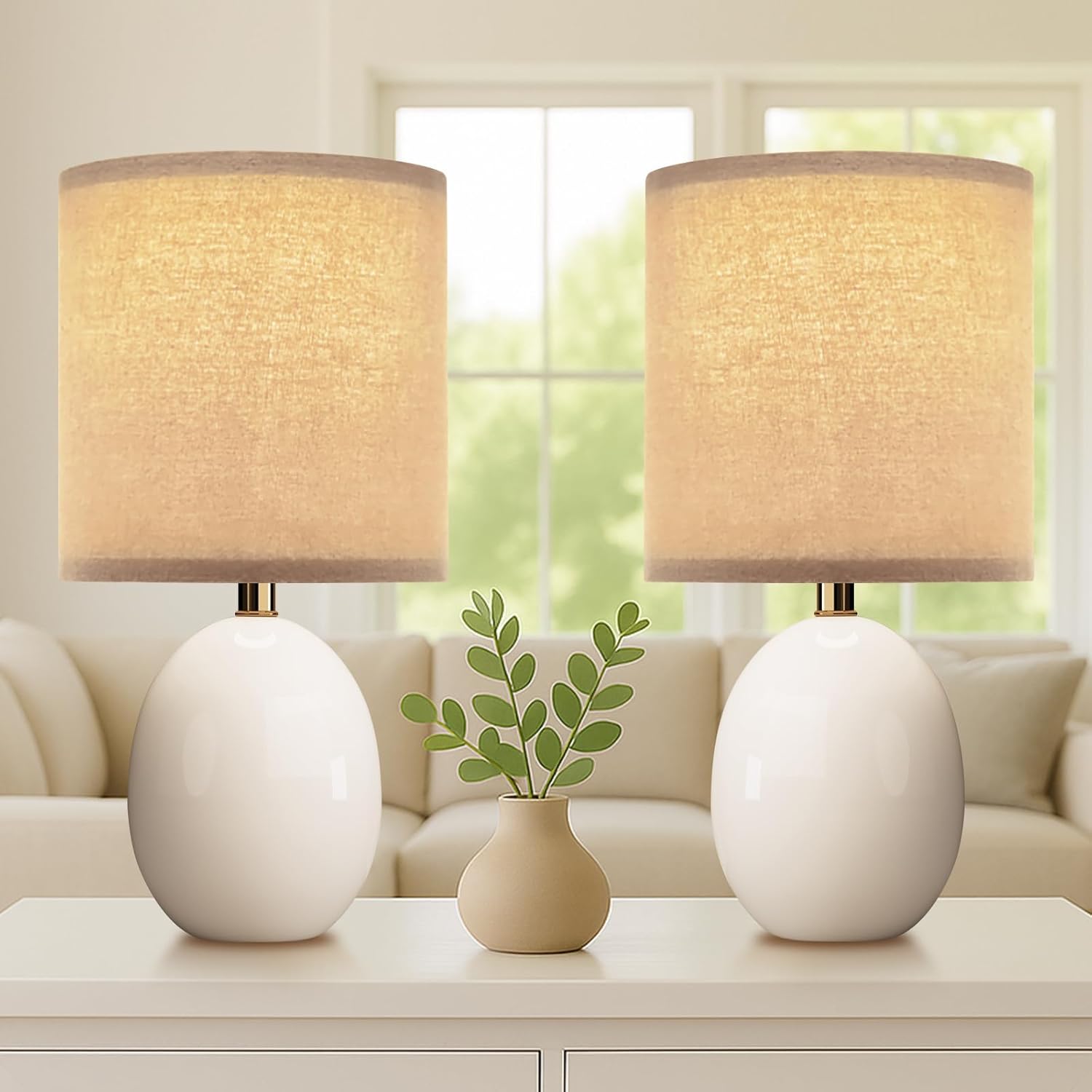Mid-Century Beige Bedside Lamp — White-B