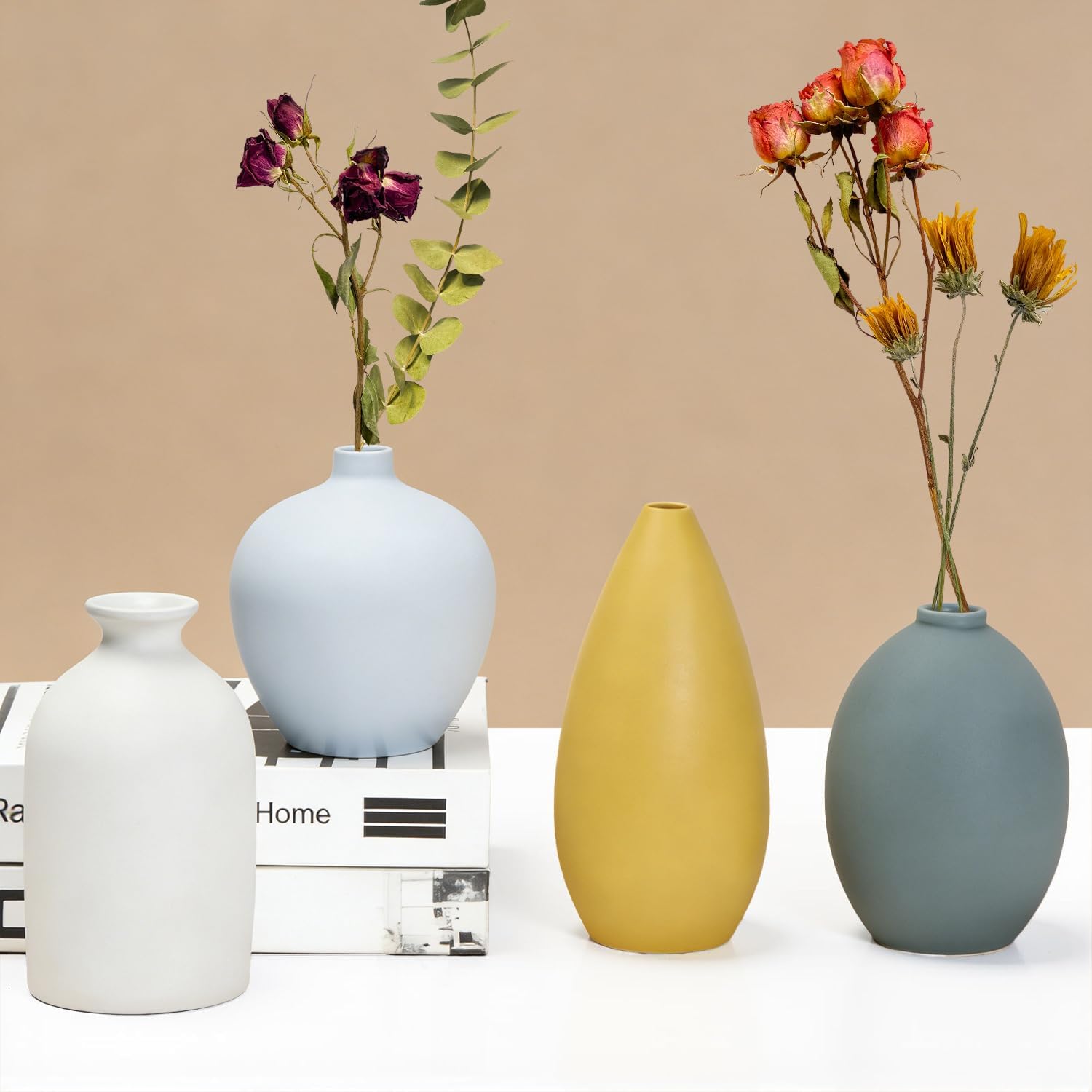 Farmhouse Beige Vase Set — Set of 4 — Yellow