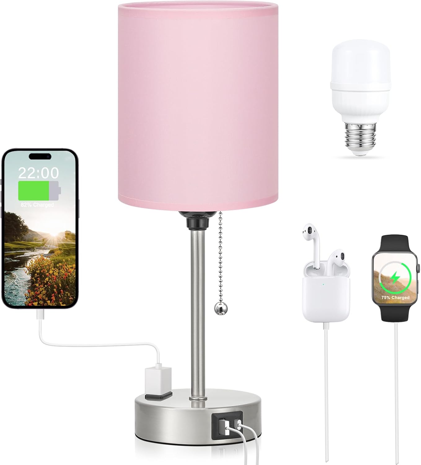 USB Beige Bedside Lamp — 14.6 in