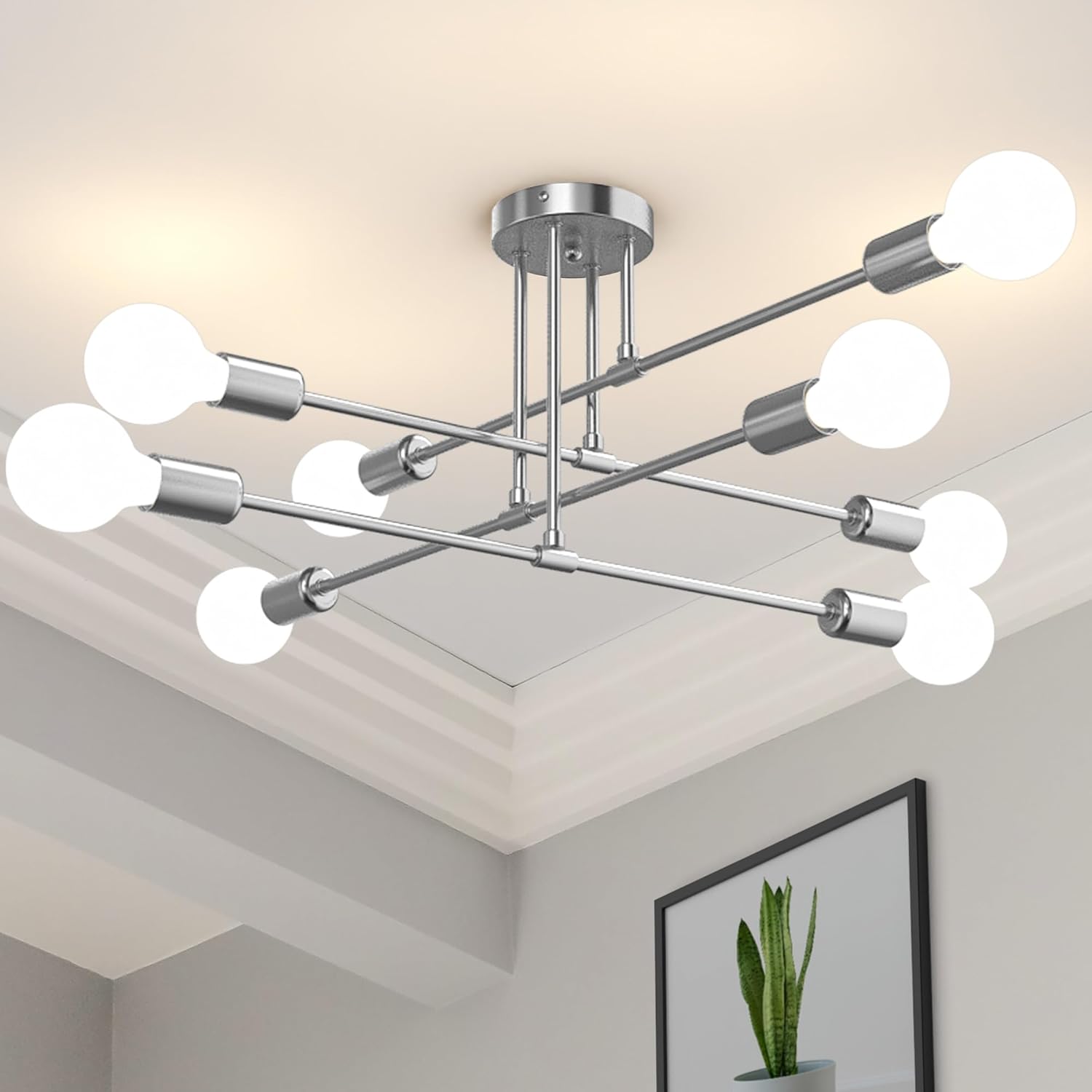 Mid-Century Black Chandelier — 6-Light — Glossy Silver