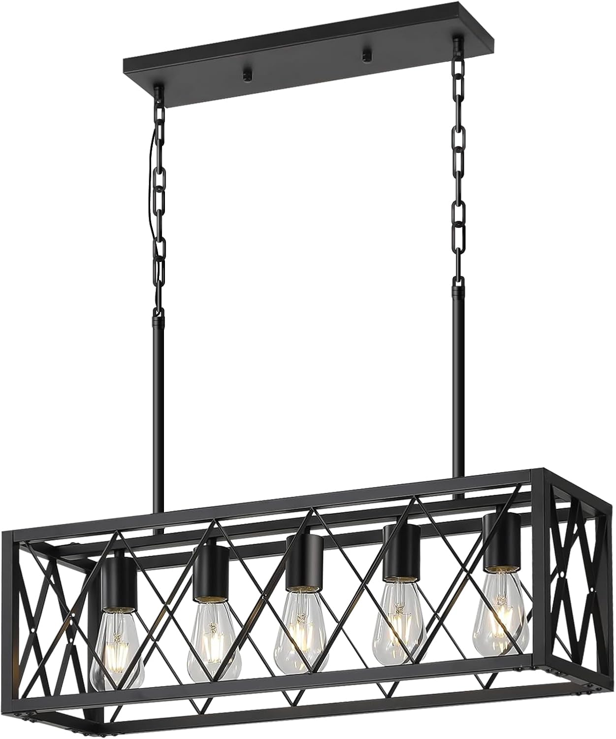 Farmhouse Beige Chandelier — 10-Light — Black Grid Rectangle