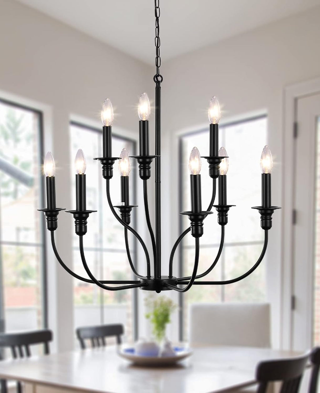 Farmhouse Black Chandelier — 9 Lights-Black-E12