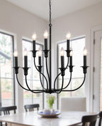 Farmhouse Black Chandelier — 9 Lights-Black-E12