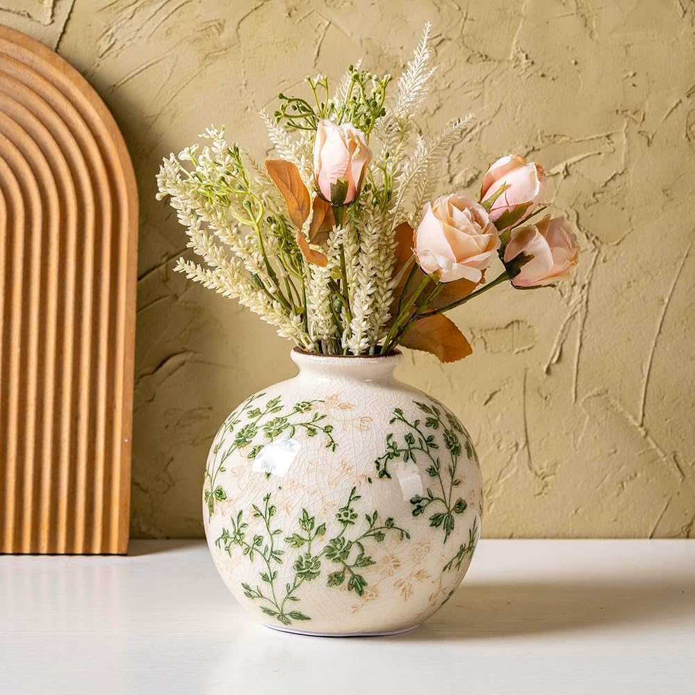 Vintage Farmhouse Beige Vase — 8" — 13-green and Beige