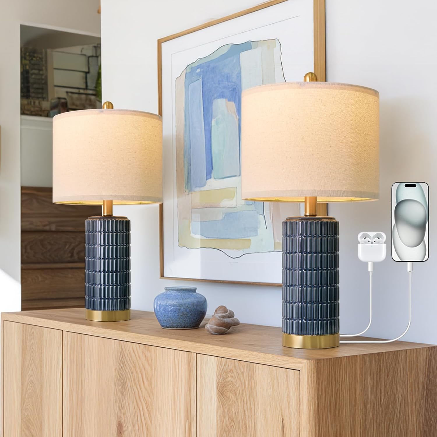 Farmhouse Beige Bedside Lamp — 20.75" — Blue - Dual USB Ports