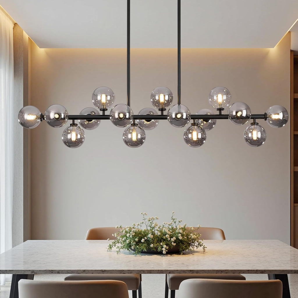 Mid-Century Black Chandelier — 16-Light — Black (with Somke Grey Lampshade)