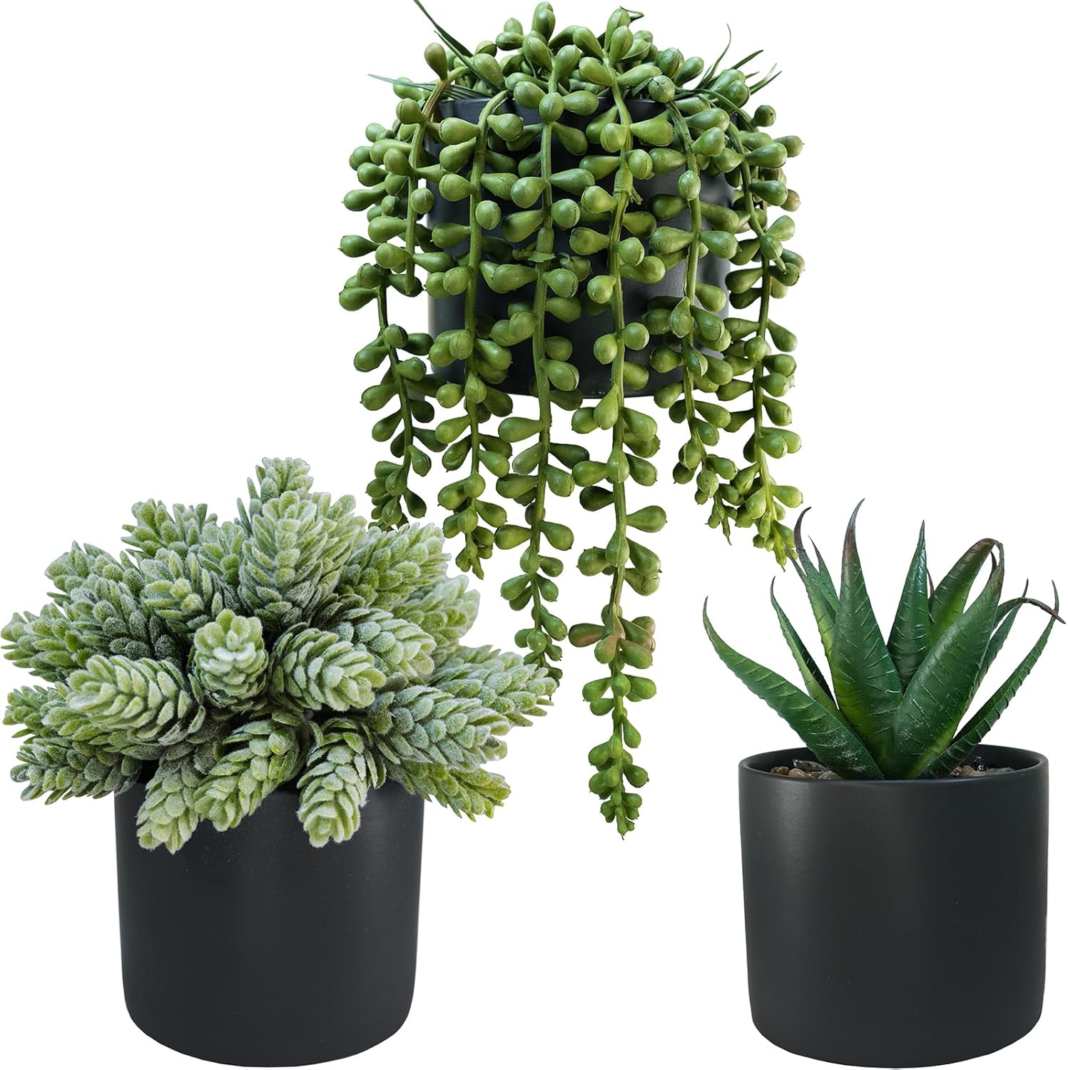 Black Artificial Plant — Set of 3 — Black Ceramic Pots
