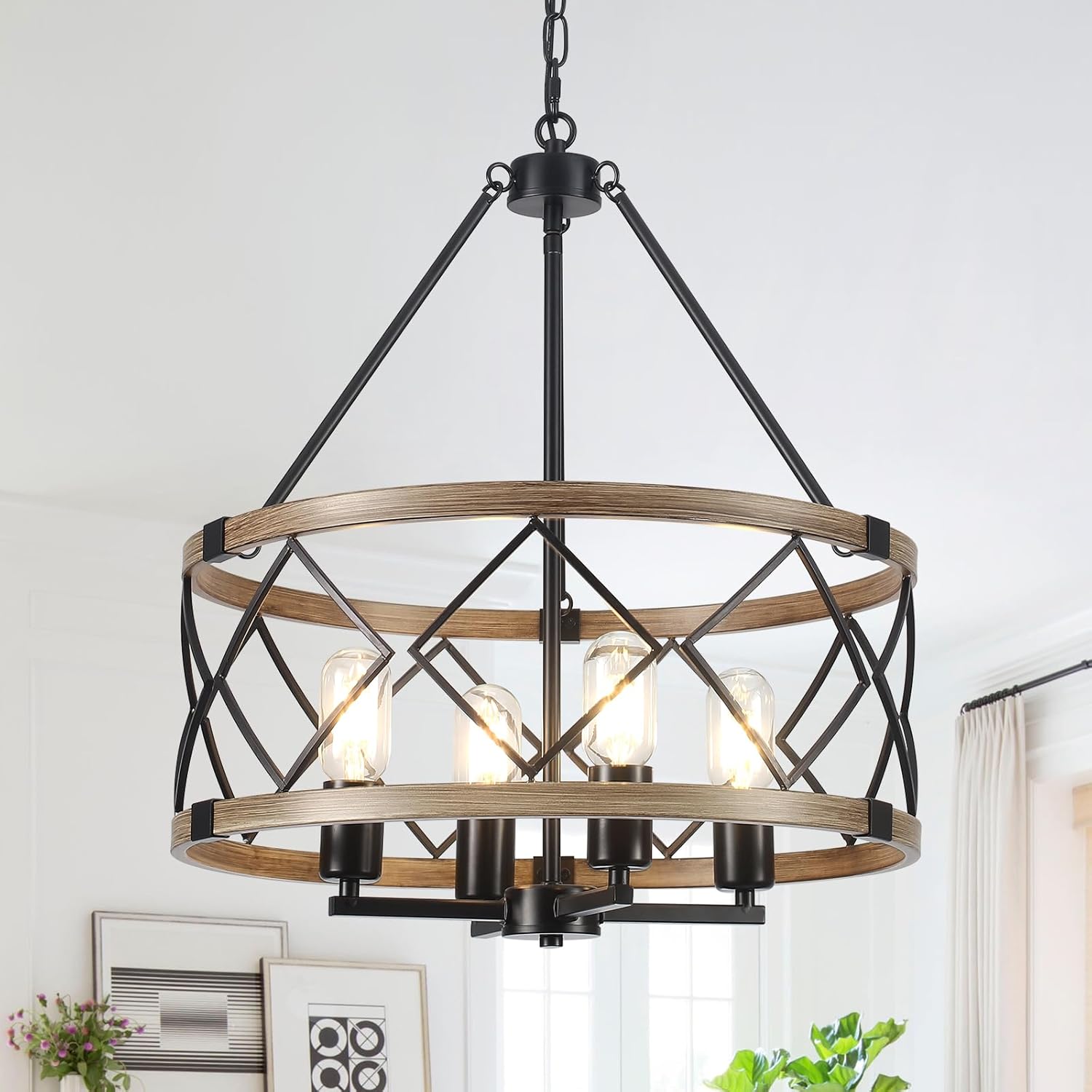 Farmhouse Black Chandelier — 4-Light — 4 Light - Brown Wood Grain