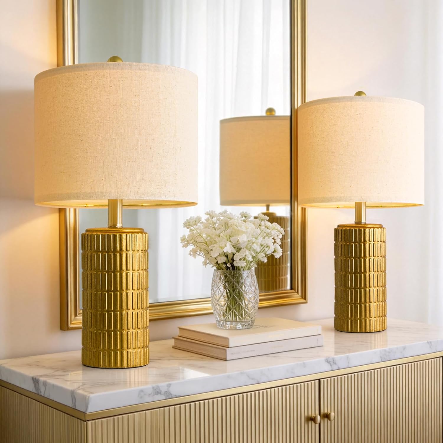 Farmhouse Beige Bedside Lamp — 20.75" — 20.75'' Small - Brass Gold