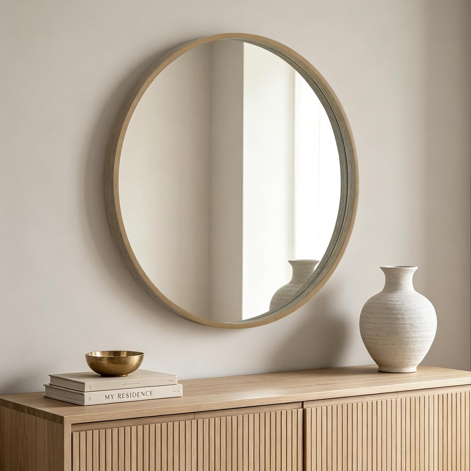 Framed Farmhouse Beige Wall Mirror — 24" — Honey
