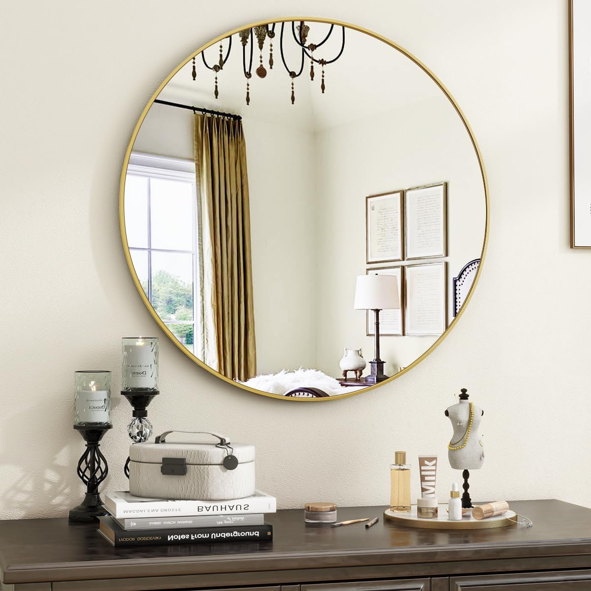 Round Modern Black Mirror — 48" — Gold