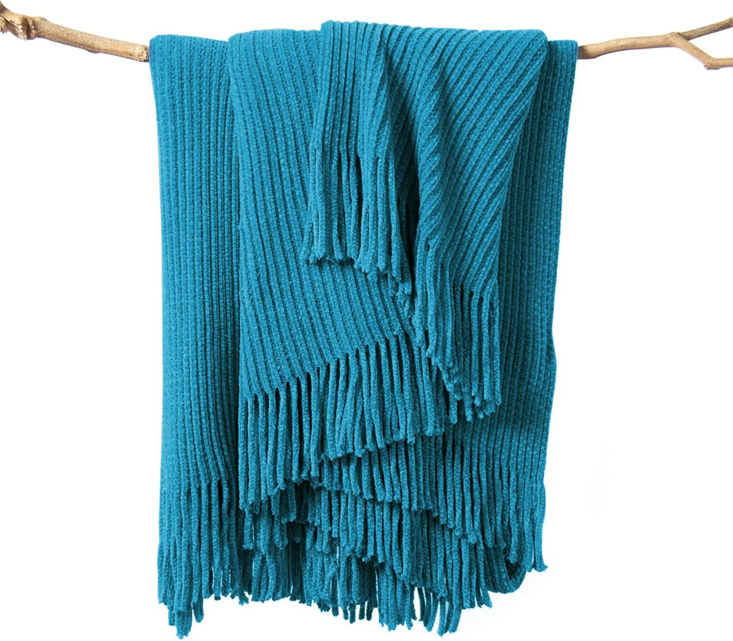 Chenille Boho Beige Throw Pillow — 60" — Teal