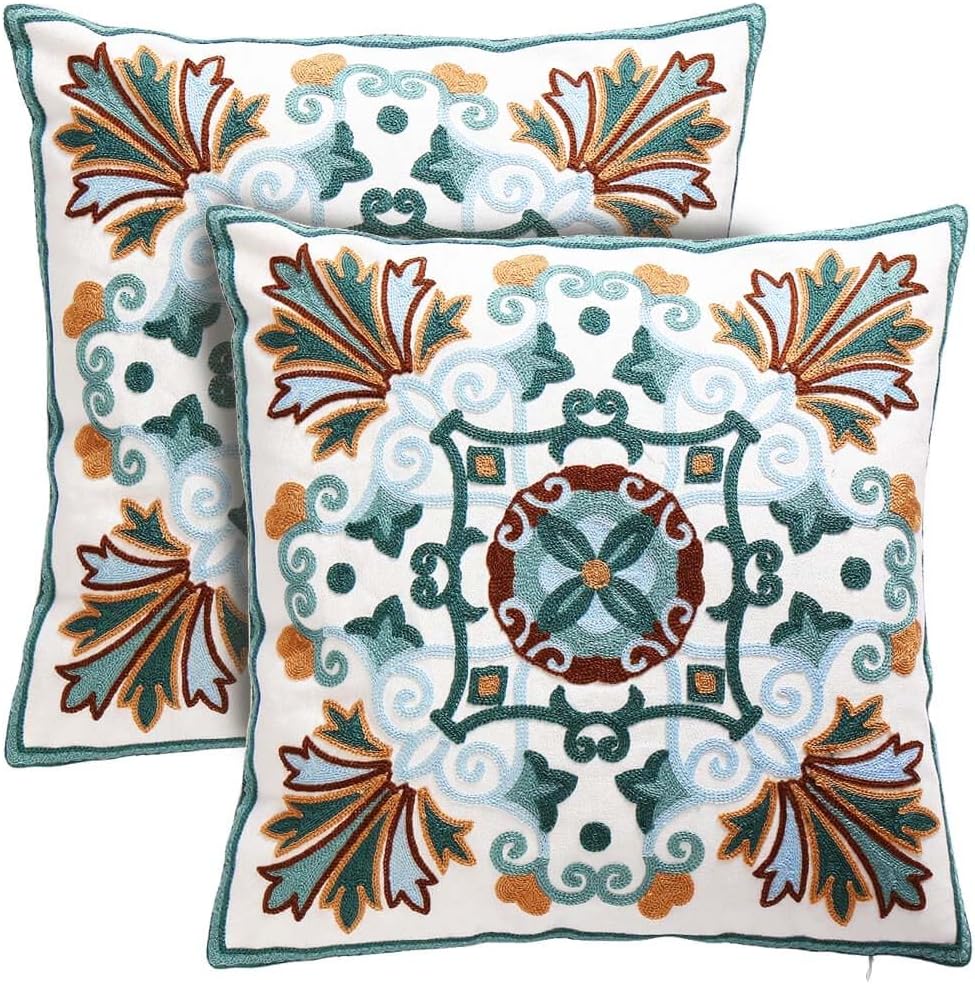 Boho Fabric Pillow Cover — 18" — 2pk-teal&blue&tan