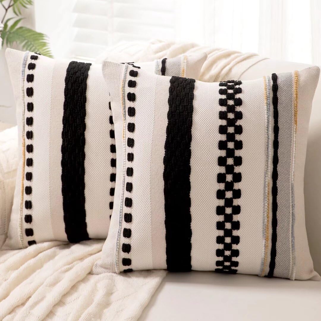 Chenille Boho Black Throw Pillow Cover — 18" — Black Stripe 1