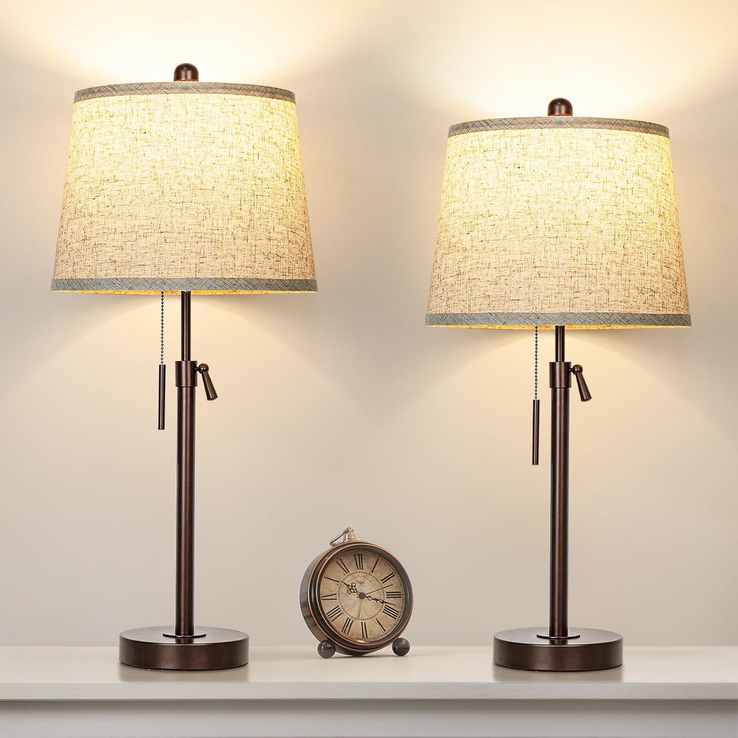 Dimmable Modern Beige Nightstand Lamp — Set of 2 — Brown+Beige Shade Set of 2