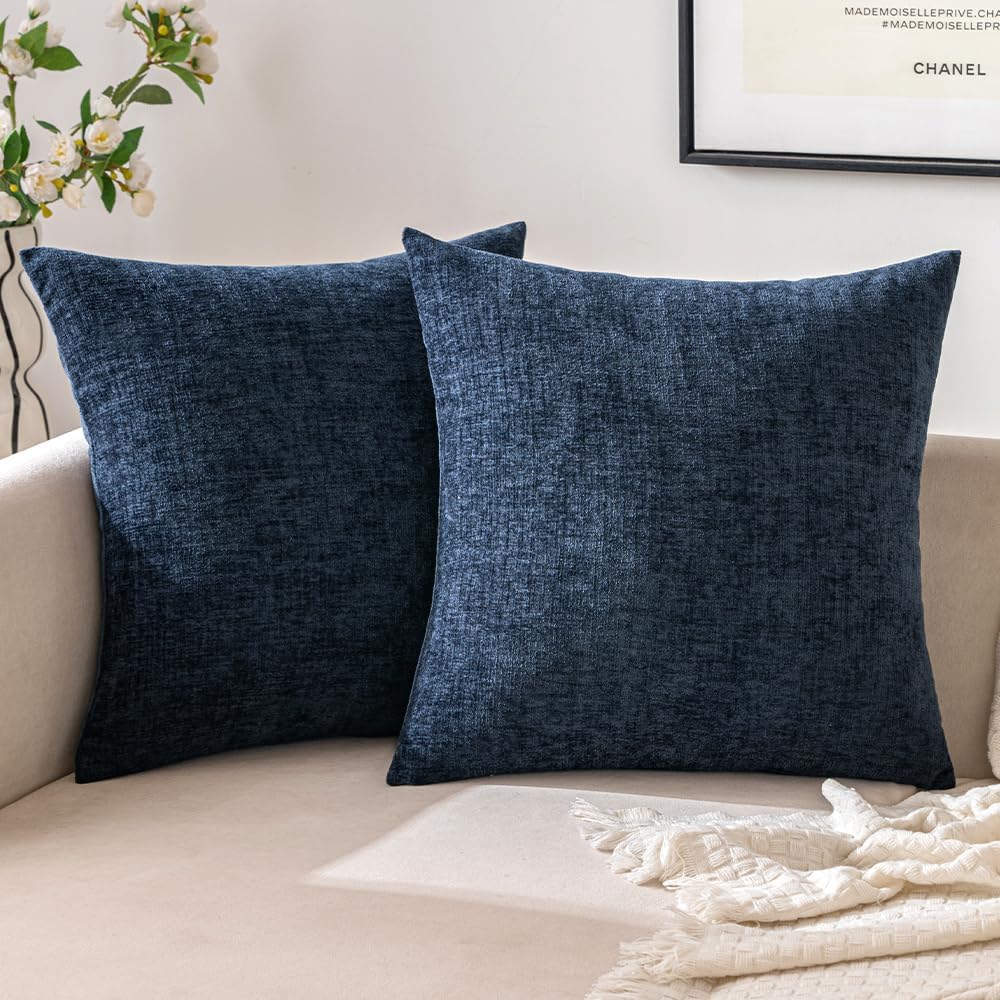 Chenille Boho Beige Throw Pillow Cover — 18" — Navy Blue