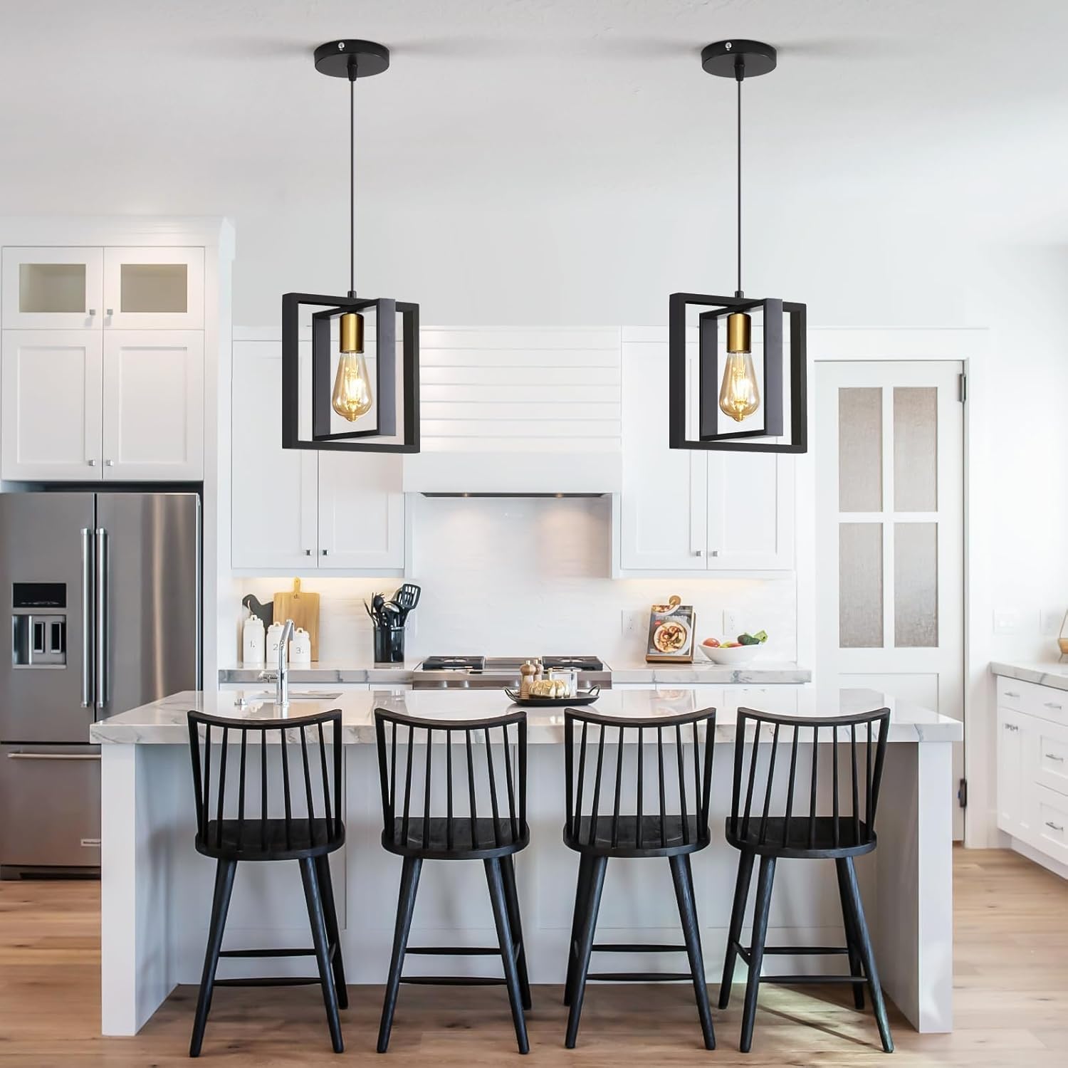 Farmhouse Beige Chandelier — 10-Light — Black Square Metal