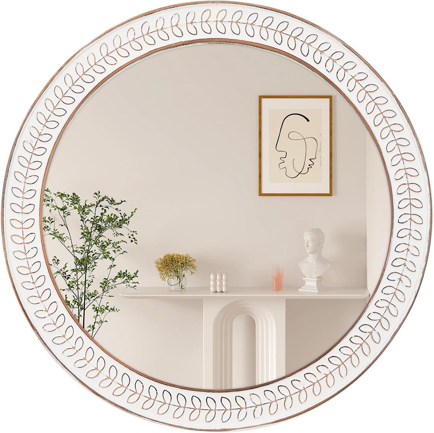 Farmhouse White Round Mirror — 24" — White Leaves