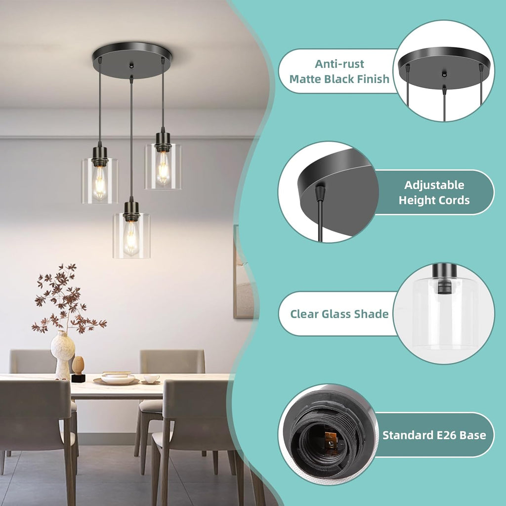 Modern Black Pendant Light — 3-Light - View 2