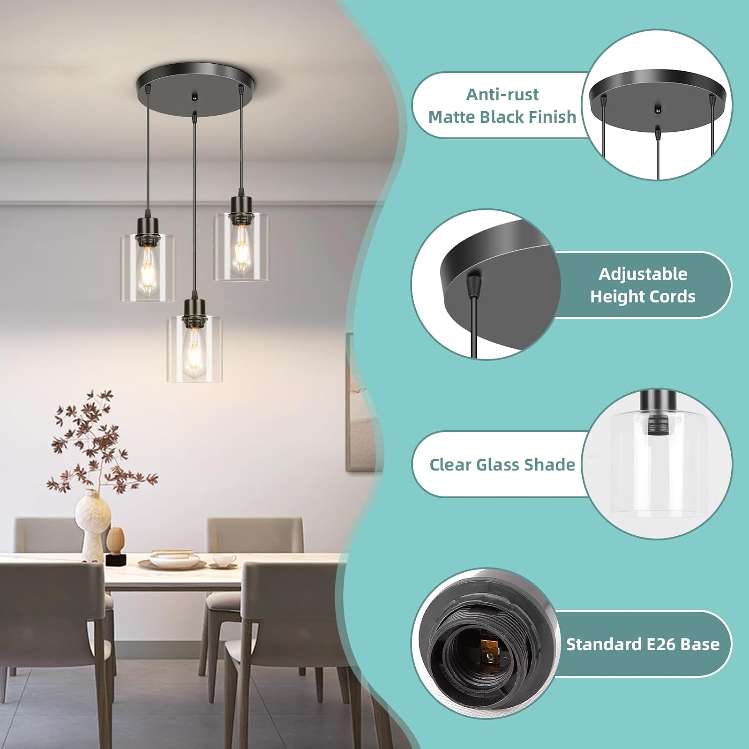 Modern Black Pendant Light — 3-Light - View 2