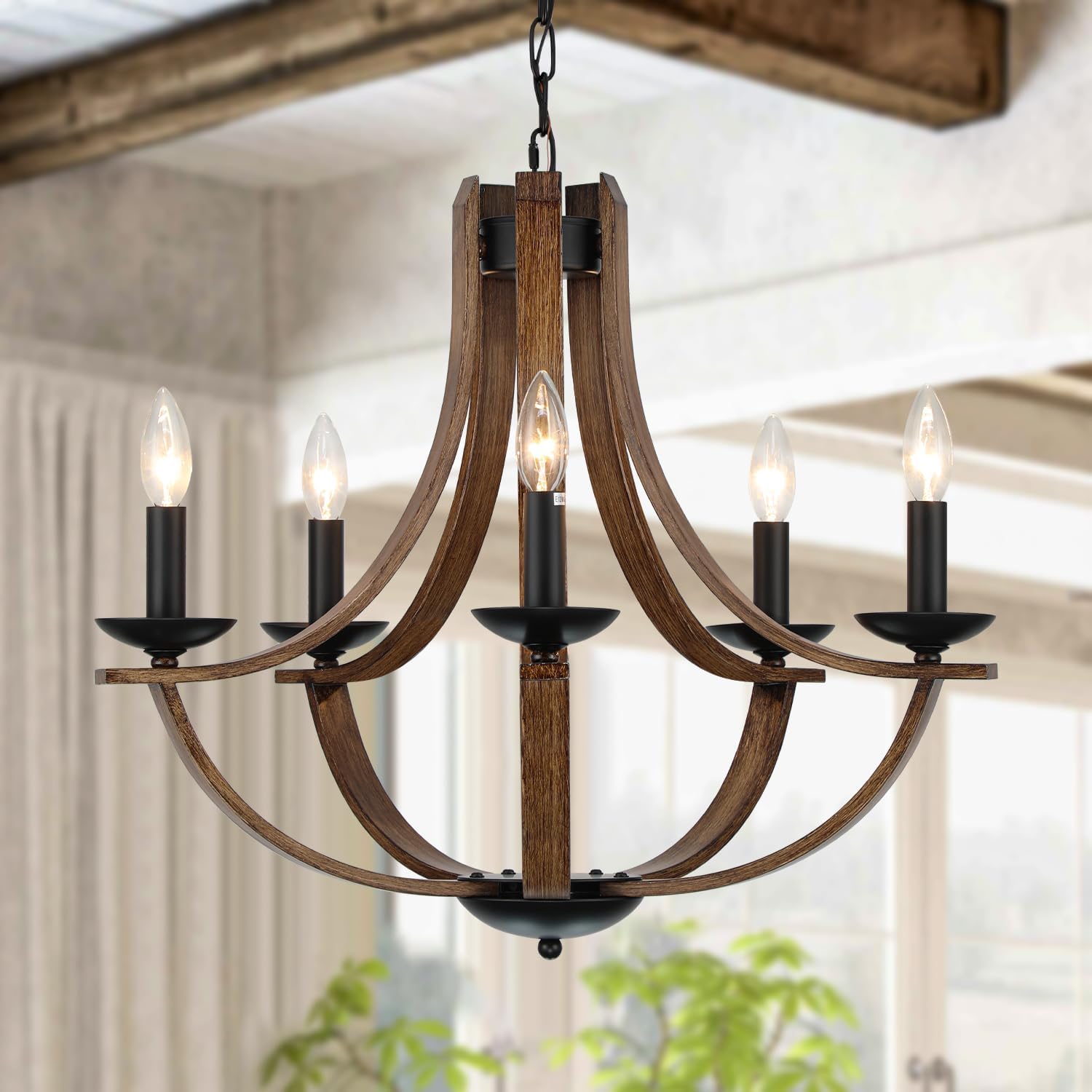 Vintage Farmhouse Black Chandelier — 4-Light — Black+Faux Wood-D5