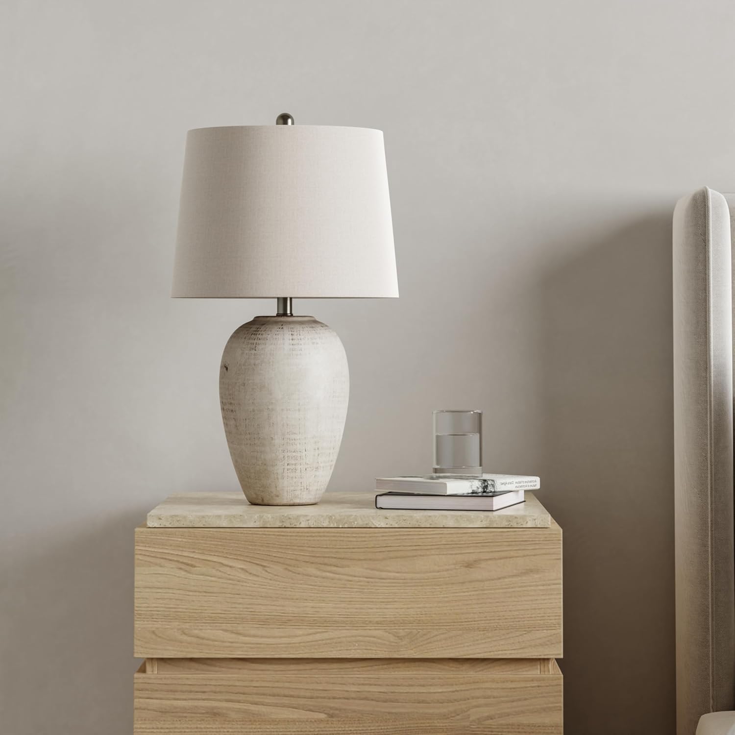 Vintage Farmhouse Beige Table Lamp — 23" — 1 Lamp - Drum Shade