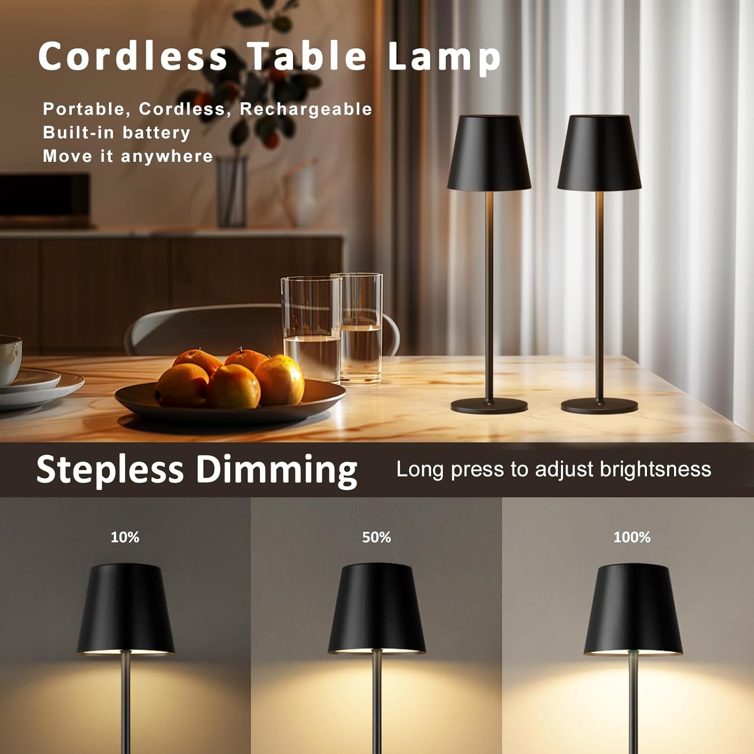 Cordless Black Table Lamp - View 3