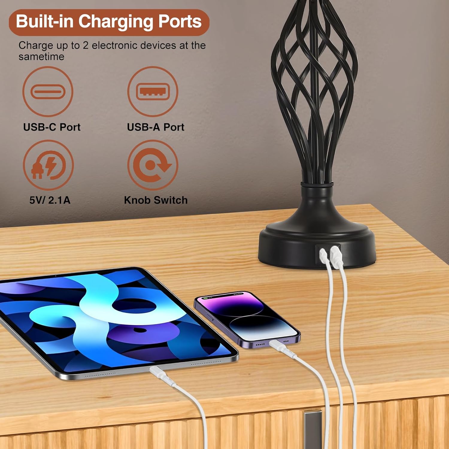 USB Modern Beige Bedside Lamp — Set of 2 - View 4